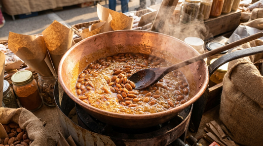 Gebrannte Mandeln werden in der Pfanne karamellisiert