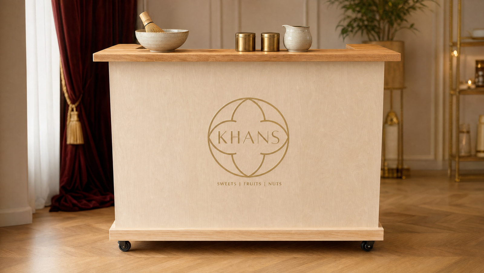 Khan's mobile Matcha-Bar: helle Holzbar auf Rollen mit goldenem Logo, Matcha-Schale und Dosen auf der Theke
